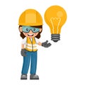 Industrial women construction worker with a giant light bulb. Engineer with creative idea symbol. Industrial safety and