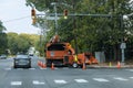 An industrial wood chipper at work poplar grinding machine to become chip storm damage tree after a storm