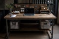 an industrial wooden desk, with a laptop and papers neatly arranged on top