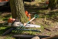 Industrial woodland management tools in woodland setting including a chainsaw Royalty Free Stock Photo