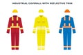 Industrial work wear coverall with reflective trim. Construction worker uniform color types. Vector illustration.