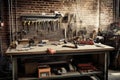 an industrial workbench with tools and supplies in the background