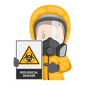 Industrial worker with biohazard sign warning. Biological hazard caution icon and pictogram. Protective suit and respirators. Royalty Free Stock Photo