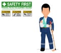 An industrial worker with broken arm and leg on transparent background