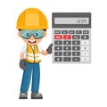 Industrial worker with calculator for financial analysis, accounting and budget calculation of a construction site. Industrial