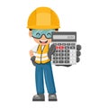 Industrial worker with calculator in hand for financial analysis, accounting and budget calculation of a construction site.