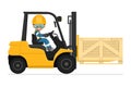 Industrial worker carefully driving a forklift. Yellow fork lift truck transporting a wooden box packaging pallet to a warehouse. Royalty Free Stock Photo