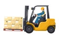 Industrial worker carefully driving a forklift. Yellow lift truck transporting a box packing pallet to a warehouse. Industrial Royalty Free Stock Photo