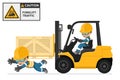 Industrial worker driving a forklift in an accident to a worker. Danger and caution sign for forklift traffic. Work accident in a