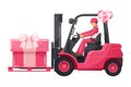 Industrial worker driving a pink forklift carrying a gift box for Valentine\'s Day