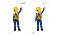 An industrial worker is explaining something over his head