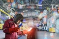 Welder Welding factory with spark light Royalty Free Stock Photo