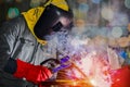 Workers is welding in factory with spark light Royalty Free Stock Photo