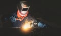 Industrial worker at the factory welding. Workers wearing industrial uniforms and welded iron mask at steel welding plants. Indust Royalty Free Stock Photo