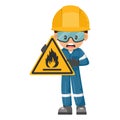 Industrial worker with flammable material hazard sign warning. Caution pictogram and icon. Worker with personal protective Royalty Free Stock Photo