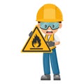 Industrial worker with flammable material hazard sign warning. Caution pictogram and icon. Worker with personal protective Royalty Free Stock Photo