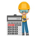 Industrial worker with giant calculator for financial analysis, accounting and budget calculation of a construction site.