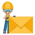 Industrial worker with giant letter envelope for email. Communication, marketing, notification and contact concept. Industrial