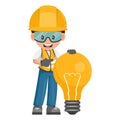 Industrial worker with giant light bulb. Creative concept for the generation of ideas. Industrial safety and occupational health Royalty Free Stock Photo