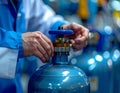 Industrial Worker Handling Gas Cylinder in Manufacturing Facility Royalty Free Stock Photo