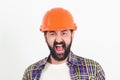 Industrial worker. Hard work. Portrait of screaming bearded builder. Worker in protect helmet. Professional builder with safety