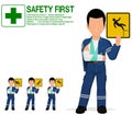 An industrial worker with injured arm is presenting warning sign on transparent background