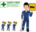 An industrial worker with injured foot is presenting warning sign on transparent background