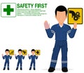 An industrial worker with injured hand is presenting warning sign on transparent background