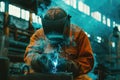 Industrial worker labourer at the factory welding steel structure