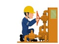 An industrial worker is operating petrochemical valve on white background