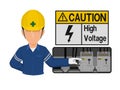 Industrial worker is presenting high voltage sign