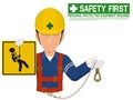 Industrial worker is presenting safety harness sign