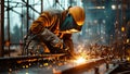 Industrial worker with protective mask welding steel structure at construction site