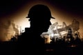 Silhouette of industrial worker with oil refinery plant as background. Generative AI