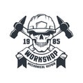 Industrial worker skull in hard hat retro logo