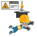 Industrial worker with suspended loads hazard sign warning. Caution icon and pictogram. Work accident. Worker with personal