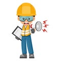 Industrial worker with thumb up making an announcement with a megaphone. Construction supervising engineer with personal
