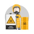 Industrial worker with toxic material hazard sign warning. Barrel toxic materials. Toxic hazard. Management of hazardous