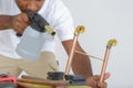 Industrial worker using propane gas torch for soldering copper pipes Royalty Free Stock Photo