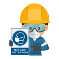 Industrial worker with a warning sign for the mandatory use of a face mask. Face mask must be worn. Industrial safety and