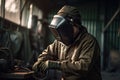 Industrial worker wearing protective clothing and welding mask working in the factory. A welder wearing a welding helmet and