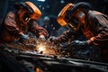 Industrial worker is welding steel products in a factory