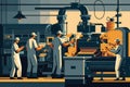 Industrial workers assembling complex machinery using high-tech tools and equipment in a factory Royalty Free Stock Photo