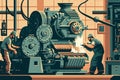 Industrial workers assembling complex machinery using high-tech tools and equipment in a factory Royalty Free Stock Photo