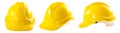 Industrial workers or construction site safety equipment concept with a multiple angle image of a yellow hard hat isolated on