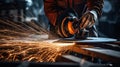 Industrial workers in a factory welding steel structure with sparks. Metalwork manufacturing Royalty Free Stock Photo