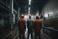 Industrial workers in safety clothing and helmets are standing in the factory. Industrial workers full rear view working on