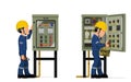 Industrial workers use clamp meter to measuring electric current in the electrical control cabinet