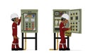 Industrial workers use clamp meter to measuring electric current in the electrical control cabinet