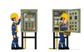 Industrial workers use clamp meter to measuring electric current in the electrical control cabinet